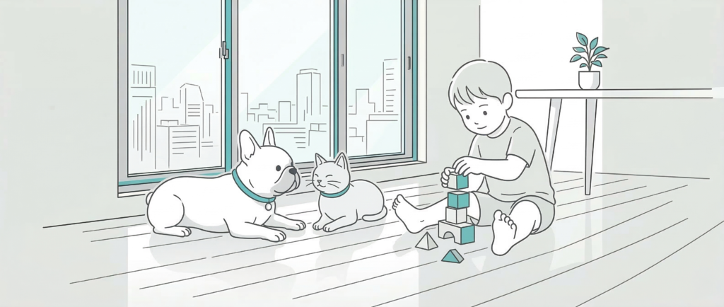 ローアングルで描かれた、フロアコーティングされた清潔なフローリング。裸足で積み木で遊ぶ子供と、床に寝そべるフレンチブルドッグと猫。洗練されたミニマルなラインアート。