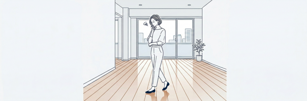 新築の真っ白なリビングで、これからフロアコーティングをしようか悩む女性のミニマルな線画イラスト