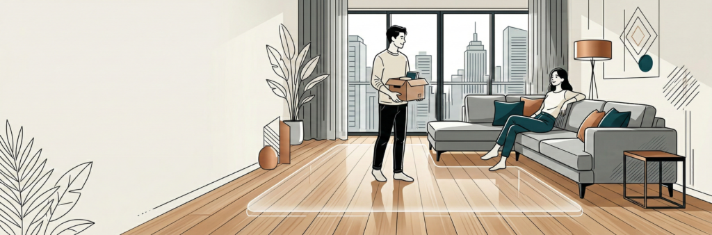 新築マンションのリビングでフロアコーティングの仕上がりを確認する夫婦のスタイリッシュなラインアートイラスト