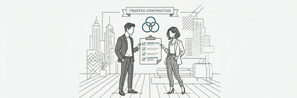 新築のリビングで、夫婦がフロアコーティング業者のチェックリストを見ながら信頼できる業者選びのポイントを話し合うミニマルな線画イラスト