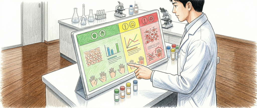 安全性評価試験の結果書類とフロアコーティングサンプルのイメージ