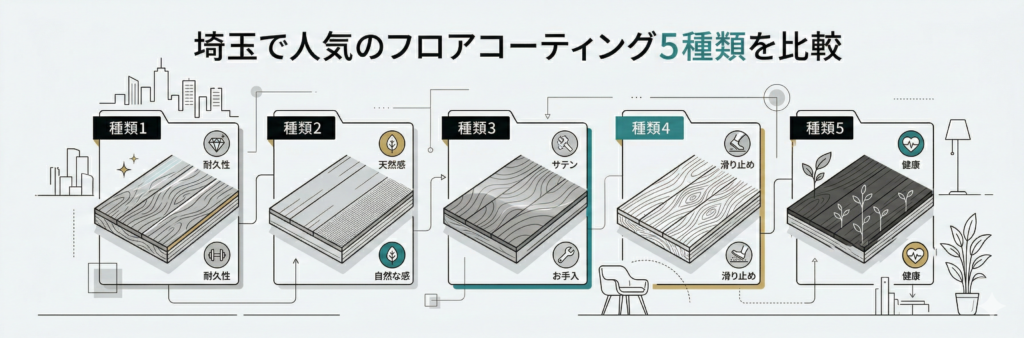 埼玉で人気のフロアコーティング5種類を比較するミニマルなイラスト。種類1から種類5までの特徴(耐久性、自然な感、お手入、滑り止め、健康)を視覚化した都会的で洗練されたデザイン。