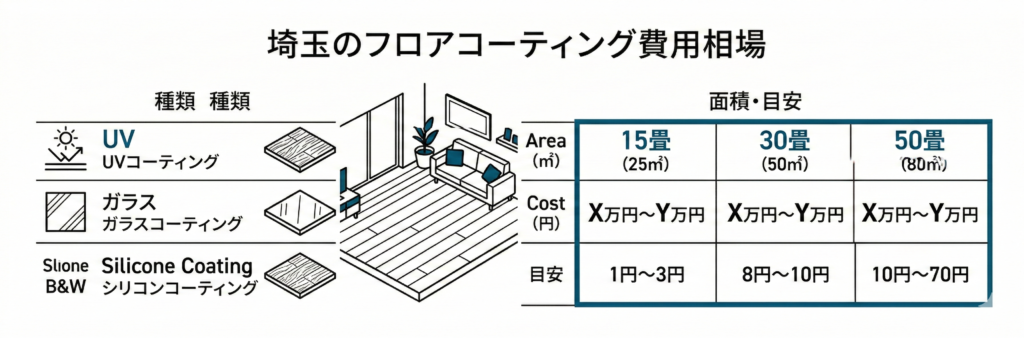 埼玉のフロアコーティング費用相場と種類別・面積別の目安を示すミニマルな線画イラスト