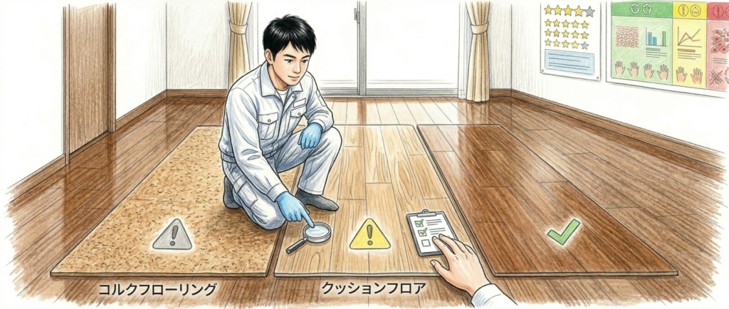 コルクフローリングやクッションフロアなど施工注意が必要な床材サンプルのイメージ