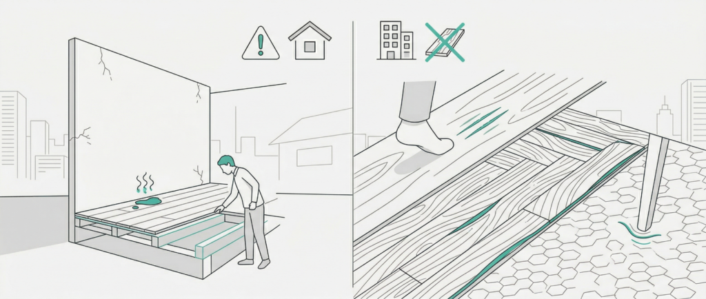 中古住宅のフロアコーティングのメリットとデメリットを示すイメージ。