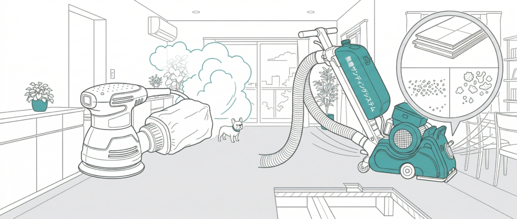 市販DIYサンダーとBONAプロ集塵システムの粉塵除去能力の違いを示す比較イメージ