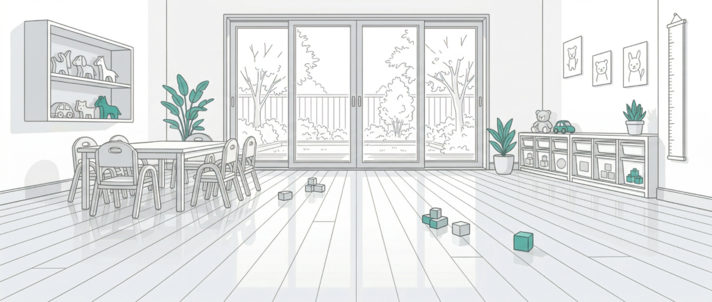 保育園の無垢フローリングをBONAダストフリーサンディングで再生した施工後の清潔な床