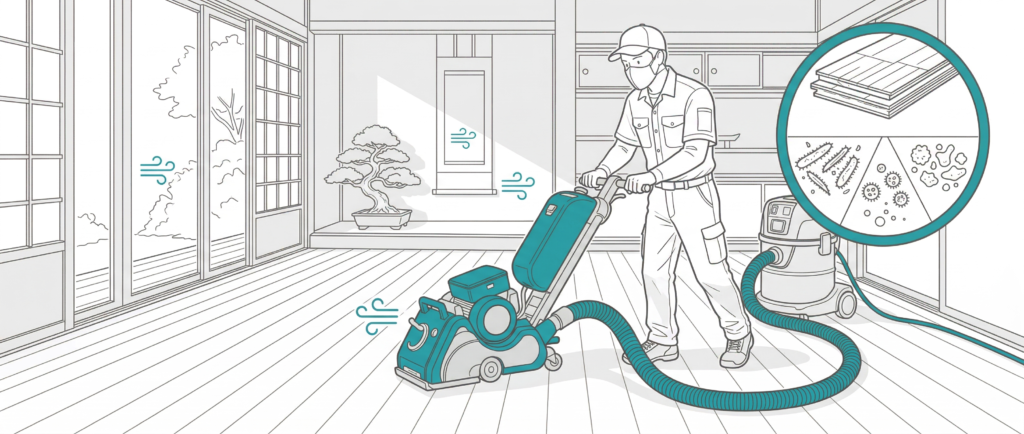BONA DCS70集塵システムと研磨機を組み合わせたダストフリーサンディングの施工シーン