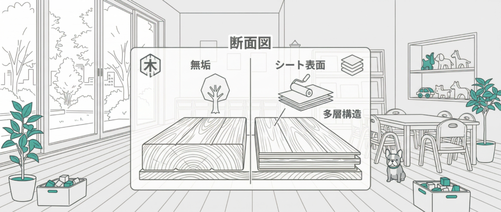施工可能な無垢フローリング（左）と施工不可のシートフローリング（右）の断面比較イラスト